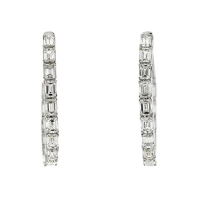 14K WHITE GOLD INSIDE OUT EMERALD CUT HOOP EARRINGS