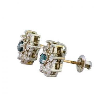 14K White Gold Blue White Diamond Cluster Earrings