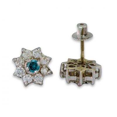 14K White Gold Blue White Diamond Cluster Earrings