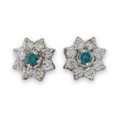 14K White Gold Blue White Diamond Cluster Earrings