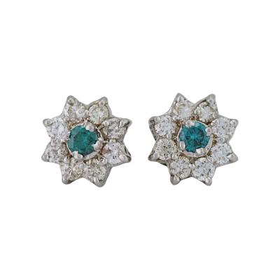 14K White Gold Blue White Diamond Cluster Earrings