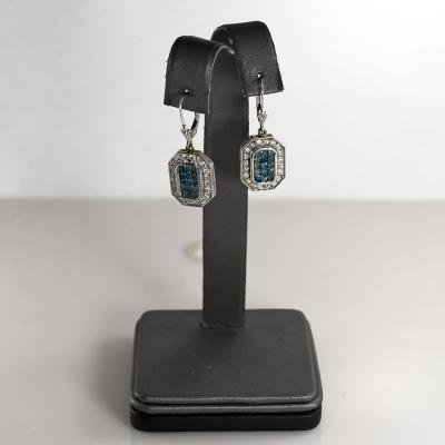14K White Gold Blue White Diamond Earrings Pendant Set