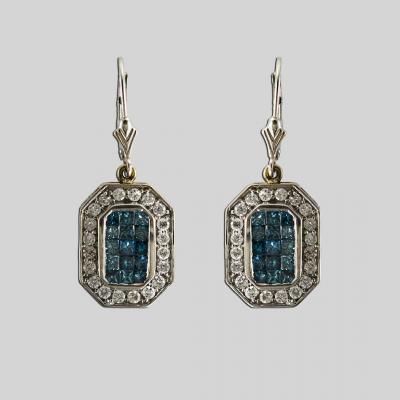 14K White Gold Blue White Diamond Earrings Pendant Set