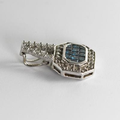 14K White Gold Blue White Diamond Earrings Pendant Set
