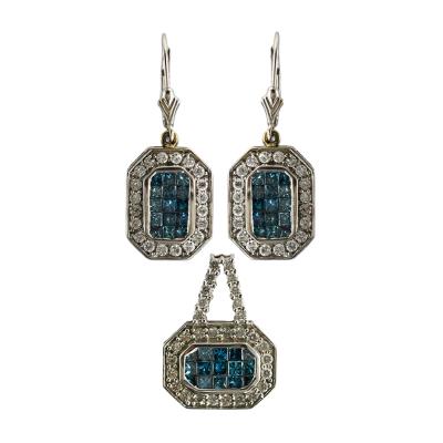 14K White Gold Blue White Diamond Earrings Pendant Set