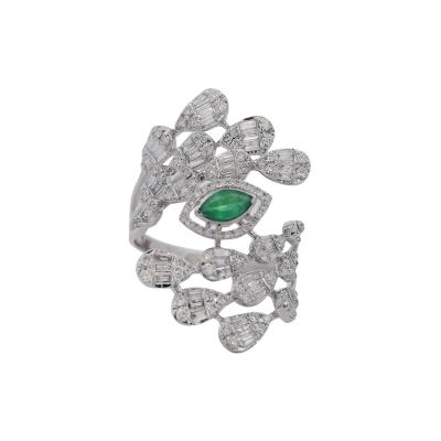 14K White Gold Bypass Diamond Emerald Snowstorm Ring