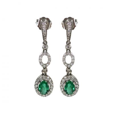 14K White Gold Emerald Diamond Earrings Pendant Set