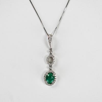 14K White Gold Emerald Diamond Earrings Pendant Set