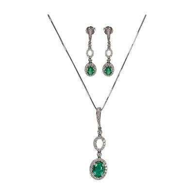 14K White Gold Emerald Diamond Earrings Pendant Set