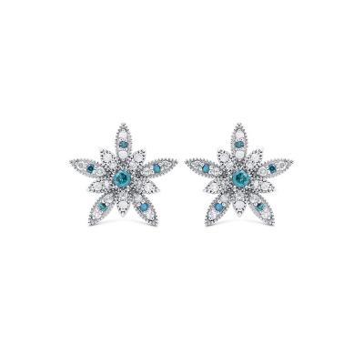 14K White Gold Flower Motif Blue and White Diamond Stud Earrings