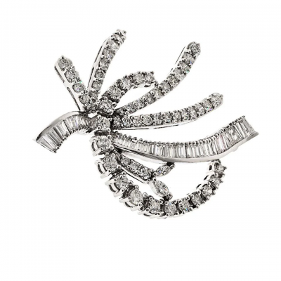 14K White Gold Round And Baguette Diamond Brooch