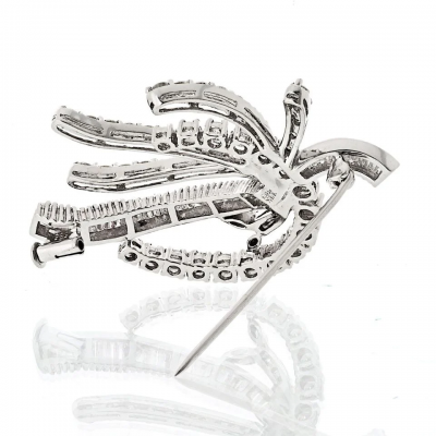 14K White Gold Round And Baguette Diamond Brooch