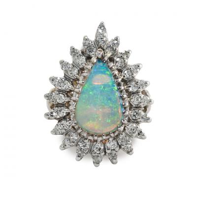 14K White Gold Vintage Opal Diamond Ring 8 7g 35tdw