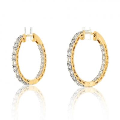 14K YELLOW GOLD EMERALD CUT AND ROUND CUT DIAMOND INSIDE OUT EARRINGS