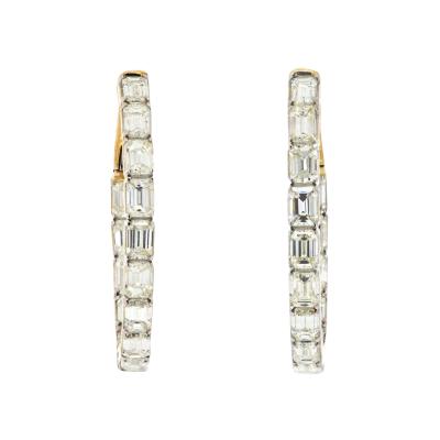 14K YELLOW GOLD EMERALD CUT DIAMOND HOOP 1 1 INCH EARRINGS