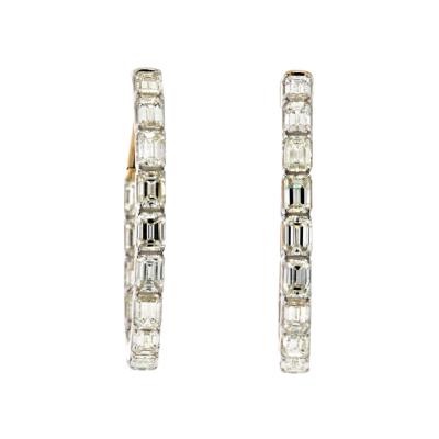 14K YELLOW GOLD EMERALD CUT DIAMOND HOOP EARRINGS