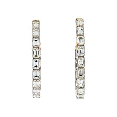 14K YELLOW GOLD EMERALD CUT DIAMOND HOOP EARRINGS