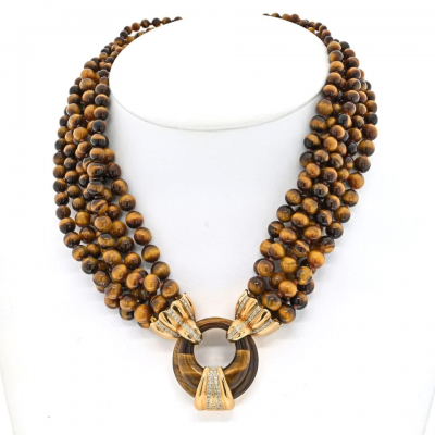 14K YELLOW GOLD TIGER EYE MULTI STRAND BEAD DIAMOND NECKLACE