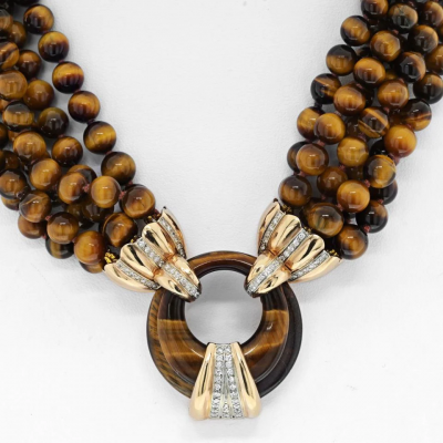 14K YELLOW GOLD TIGER EYE MULTI STRAND BEAD DIAMOND NECKLACE