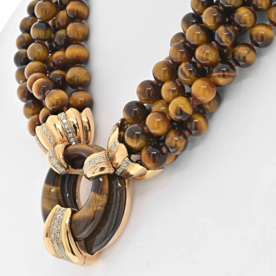14K YELLOW GOLD TIGER EYE MULTI STRAND BEAD DIAMOND NECKLACE