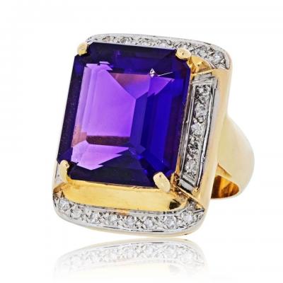 14K Yellow Gold Amethyst And Diamond Ring
