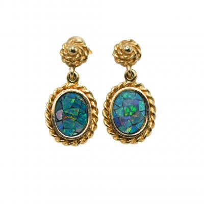 14K Yellow Gold Australian Opal Necklace Earrings Set