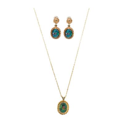 14K Yellow Gold Australian Opal Necklace Earrings Set