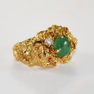 14K Yellow Gold Nugget Style Emerald Diamond Ring 16 8g
