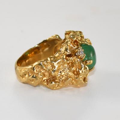 14K Yellow Gold Nugget Style Emerald Diamond Ring 16 8g