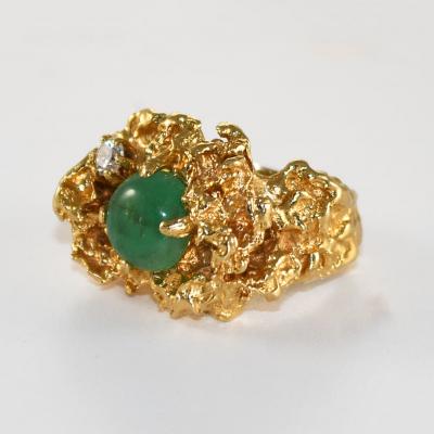 14K Yellow Gold Nugget Style Emerald Diamond Ring 16 8g