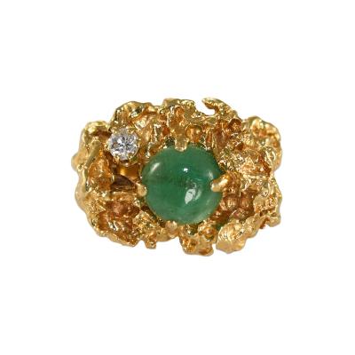 14K Yellow Gold Nugget Style Emerald Diamond Ring 16 8g