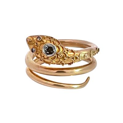 14K Yellow Gold Snake Ring with Granulated Head plus Diamond