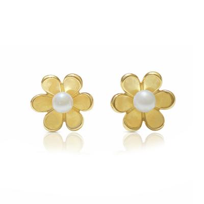 14k Solid Gold Flower and Pearl Stud Earrings