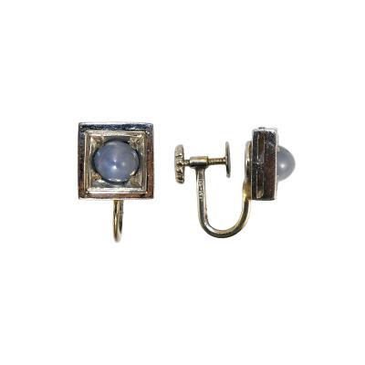 14k White Gold Sapphire Cabochon Earrings Square Windows Flower Back