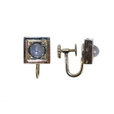 14k White Gold Sapphire Cabochon Earrings Square Windows Flower Back