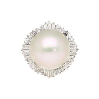 14mm Pearl with Baguette and Round Diamonds in Platinum Cocktail Ring