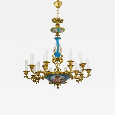 15 Light Gilt Bronze And Painted Porcelain Chandelier In The Louis XVI Style