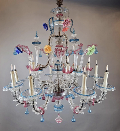 15 light Multicolor Murano chandelier Italy 1950s