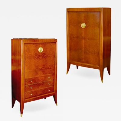 Alfred Porteneuve Secretaire and Cabinet Duo in Cherry and Burl by Alfred Porteneuve