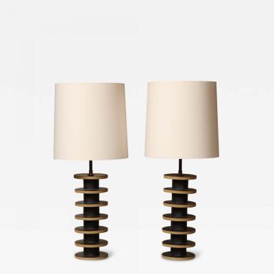 Warner Walcott Pair of Stacked Disc Stoneware Lamps