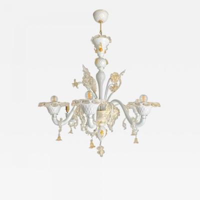  SimoEng Milky and Gold Murano Glass Chandelier With Flowers and Leaves