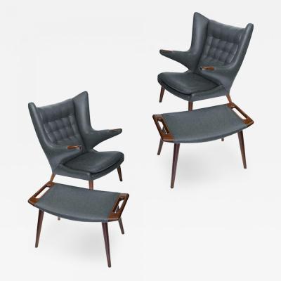 Hans Wegner Early Hans Wegner Papa Bear Chairs Ottomans in Slate Leather Pr 