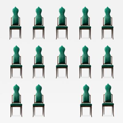 Tommi Parzinger Set of 14 Tommi Parzinger Style Dining Chairs in Green Velvet with Walnut Frames