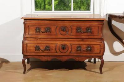 1730s French Period Louis XV Walnut Two Drawer Commode with Bomb Side Panels