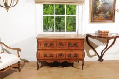 1730s French Period Louis XV Walnut Two Drawer Commode with Bomb Side Panels