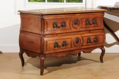 1730s French Period Louis XV Walnut Two Drawer Commode with Bomb Side Panels