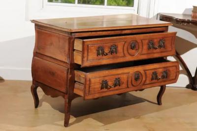 1730s French Period Louis XV Walnut Two Drawer Commode with Bomb Side Panels