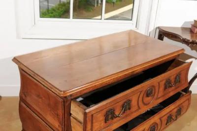 1730s French Period Louis XV Walnut Two Drawer Commode with Bomb Side Panels