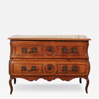 1730s French Period Louis XV Walnut Two Drawer Commode with Bomb Side Panels