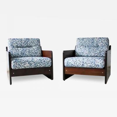 Geraldo de Barros Brazilian Modern Pair of Armchairs in Wood Fabric Geraldo de Barros 1970s